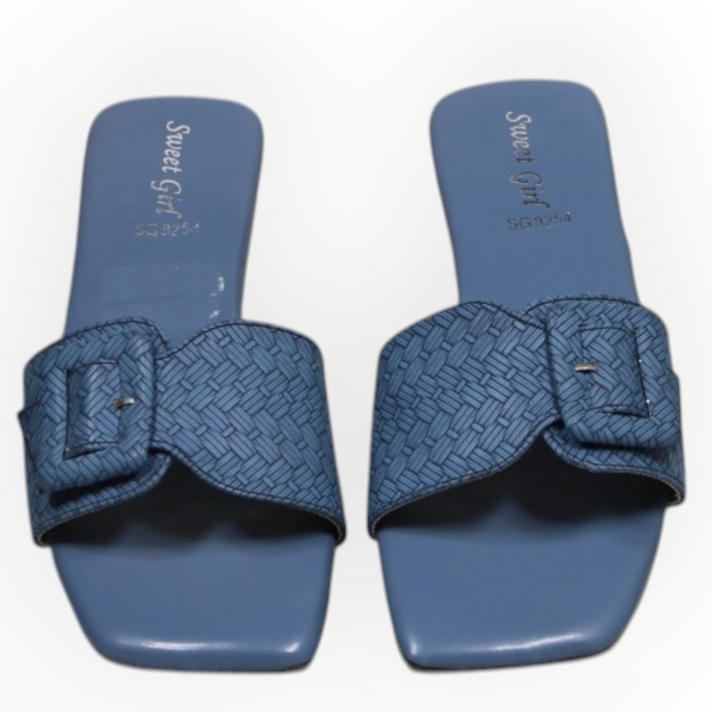 ARQS.PK blue slide sandals featuring a woven texture strap and decorative buckle detail on a square toe base.