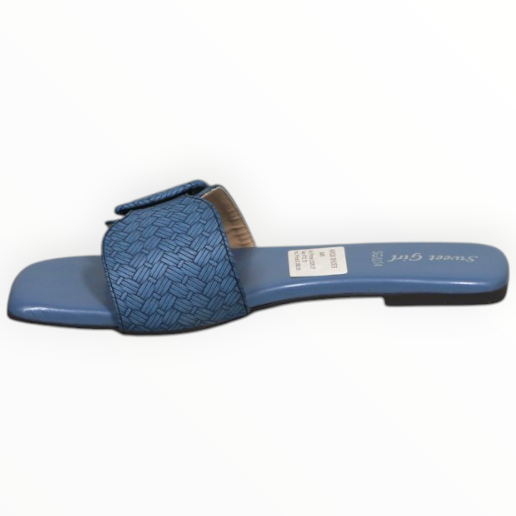 ARQS.PK blue flat slide sandals featuring a woven texture strap and square toe design