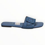 ARQS.PK blue flat slide sandals with a woven-texture strap, square toe, and decorative buckle detail.