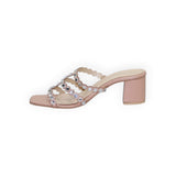 ARQS.PK blush block heel mules with triple scalloped straps and sparkling crystal embellishments in a square-toe style
