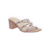 ARQS.PK blush block heel mules with triple scalloped straps featuring sparkling crystal embellishments and square toe.