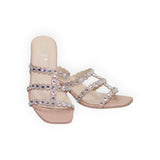 ARQS.PK blush block heel mules with triple scalloped straps and sparkling crystal embellishments in a square-toe style