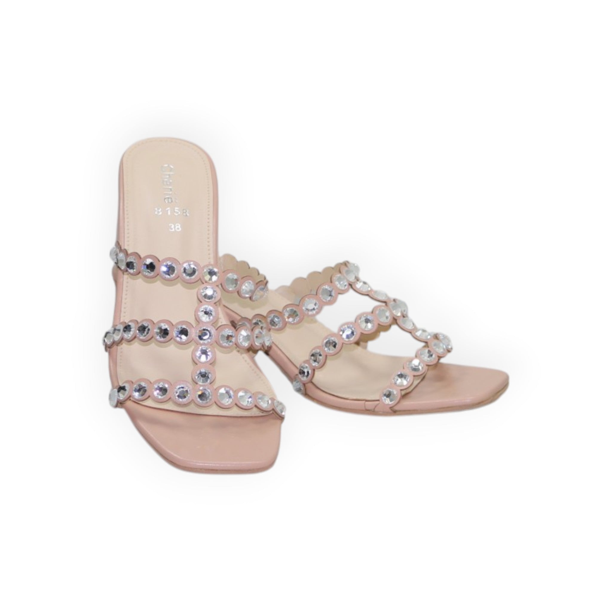 ARQS.PK blush block heel mules with triple scalloped straps and sparkling crystal embellishments in a square-toe style