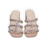 ARQS.PK blush block heel mules with triple scalloped straps and sparkling crystal embellishments in a square-toe style