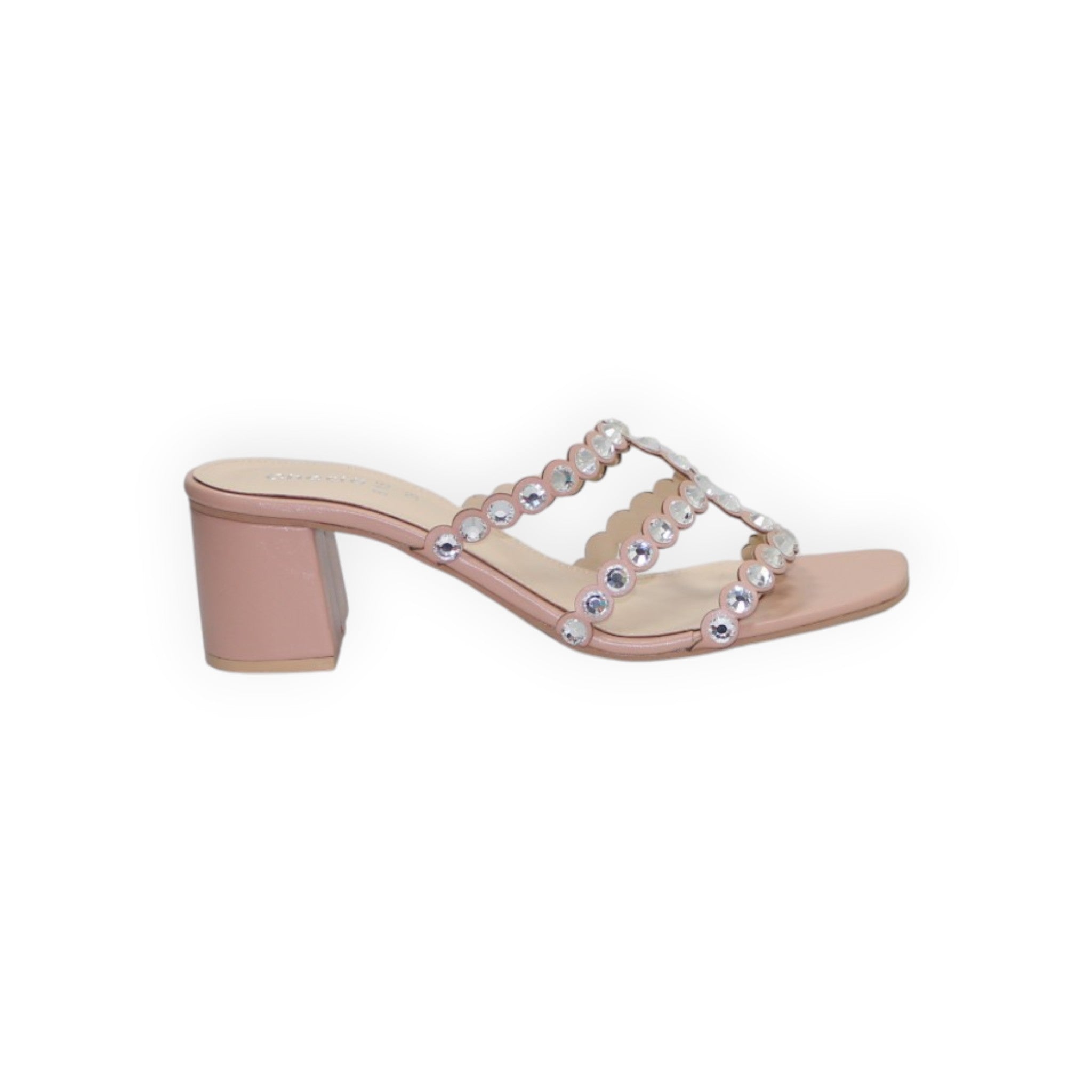 ARQS.PK blush block heel mules with triple scalloped straps and sparkling crystal embellishments in a square-toe style