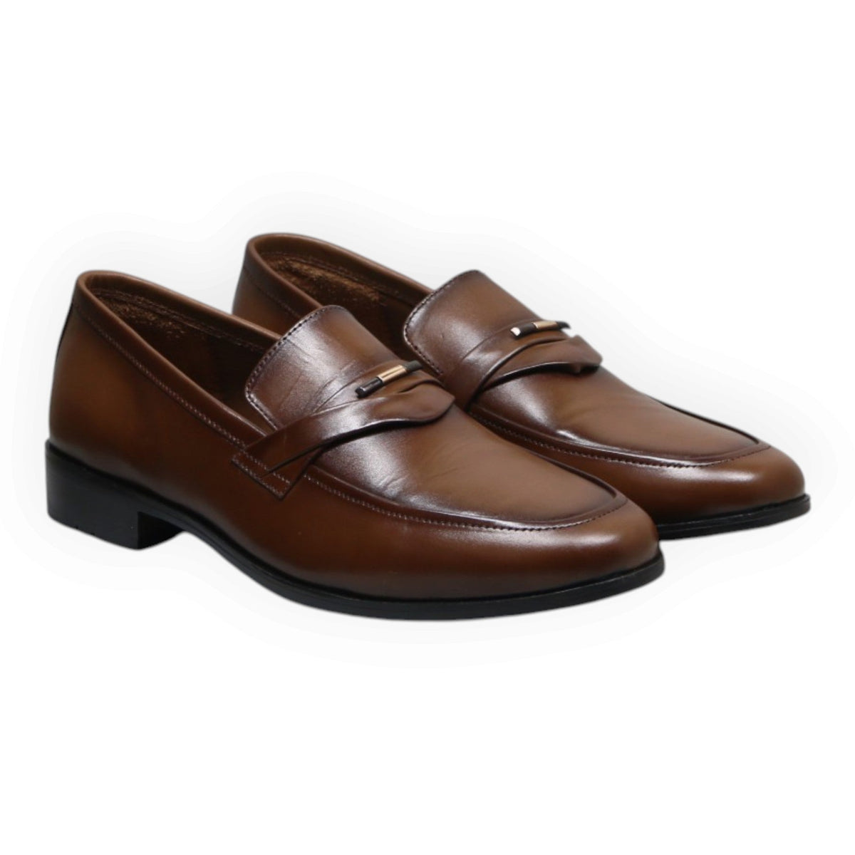 ARQS.PK brown formal leather loafers for men featuring a sleek slip-on design and metallic strap detail.