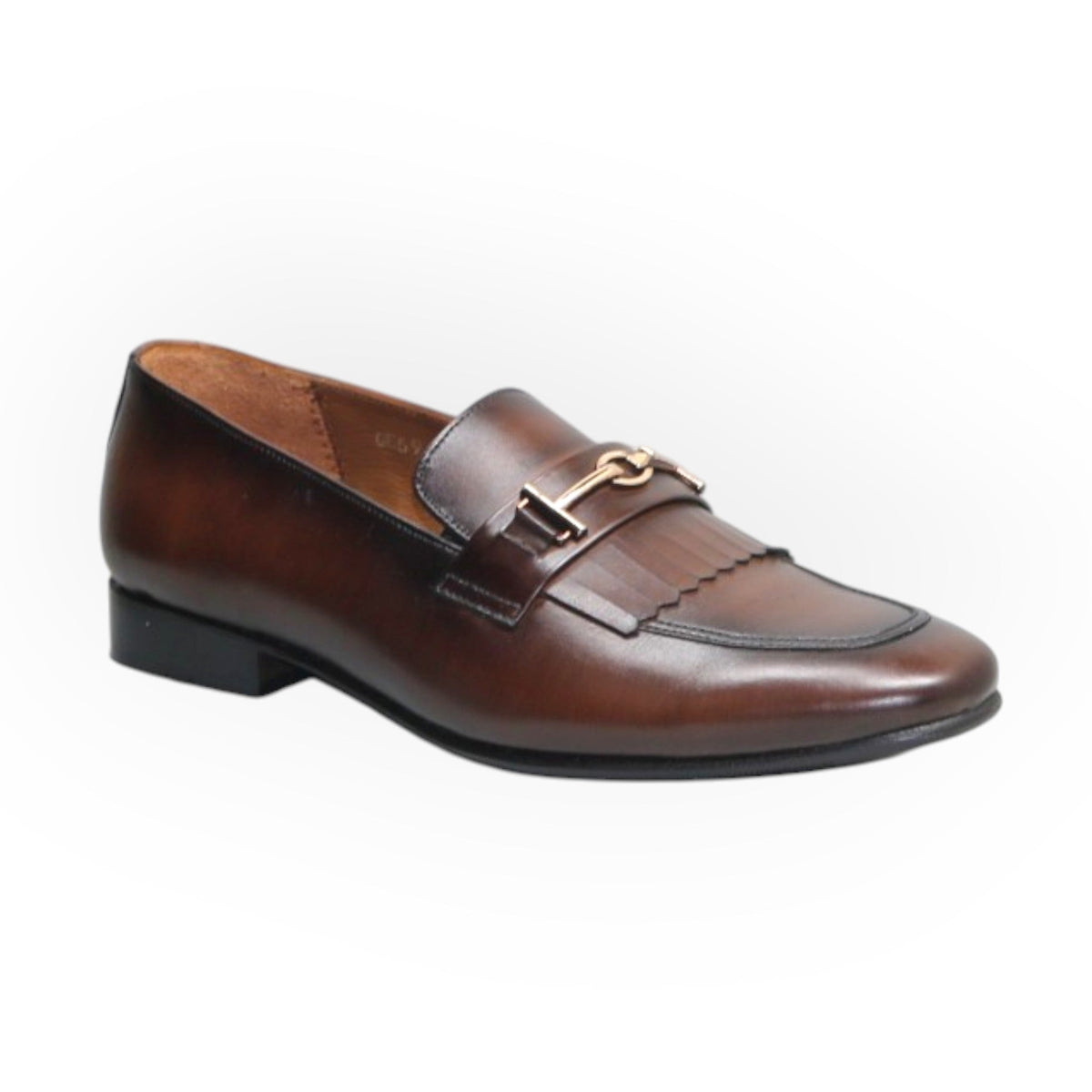 ARQS.PK brown leather loafer with fringe detail and gold-tone horsebit hardware for a classic formal look