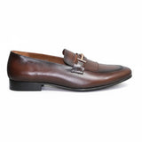 ARQS.PK 1708 brown leather loafers with fringe detail and gold-tone metal hardware on a white background