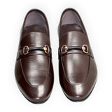 ARQS.PK brown leather formal loafers featuring a sleek almond-toe design and a metallic horsebit detail on the vamp.