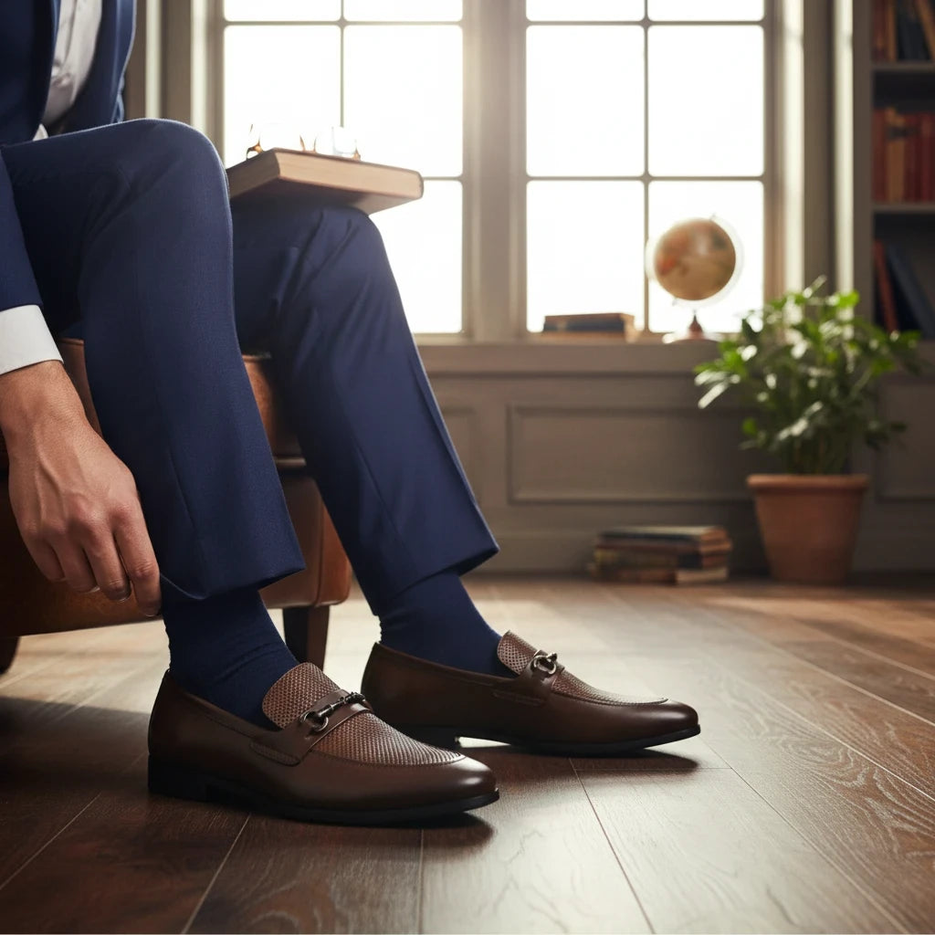ARQS.PK brown leather horsebit loafers with textured vamp detail worn by a man in a blue suit in a study setting