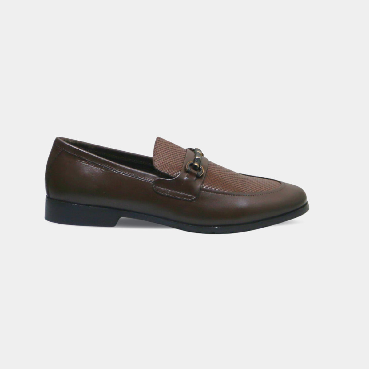 ARQS.PK brown leather horsebit loafers with a textured vamp panel and metal hardware detail in a side view