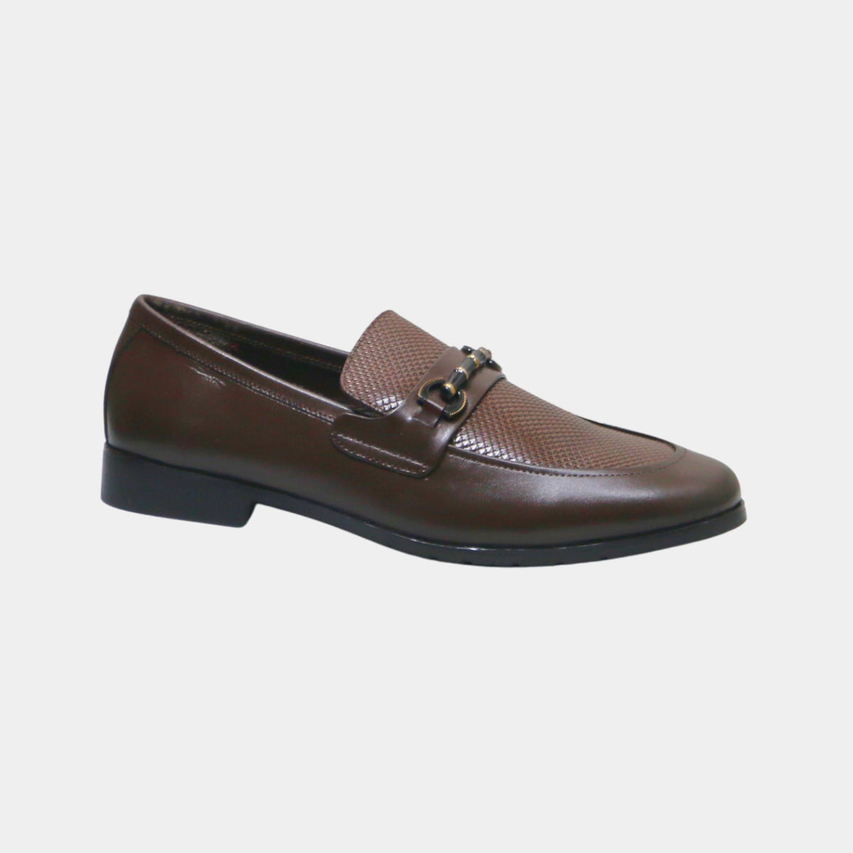 ARQS.PK brown leather horsebit loafers with a textured vamp panel and polished metal hardware for men