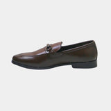 ARQS.PK brown leather horsebit loafers with a textured vamp panel and metal hardware, side view.