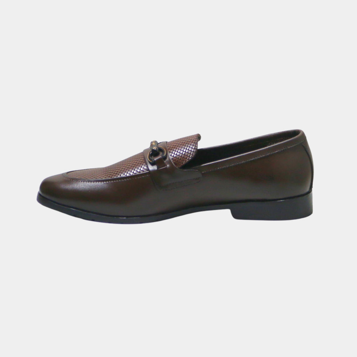 ARQS.PK brown leather horsebit loafers with a textured vamp panel and metal hardware, side view.