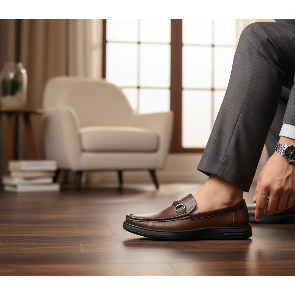 ARQS.PK brown leather slip-on loafers with metallic bit detail and black athletic sole worn with grey trousers