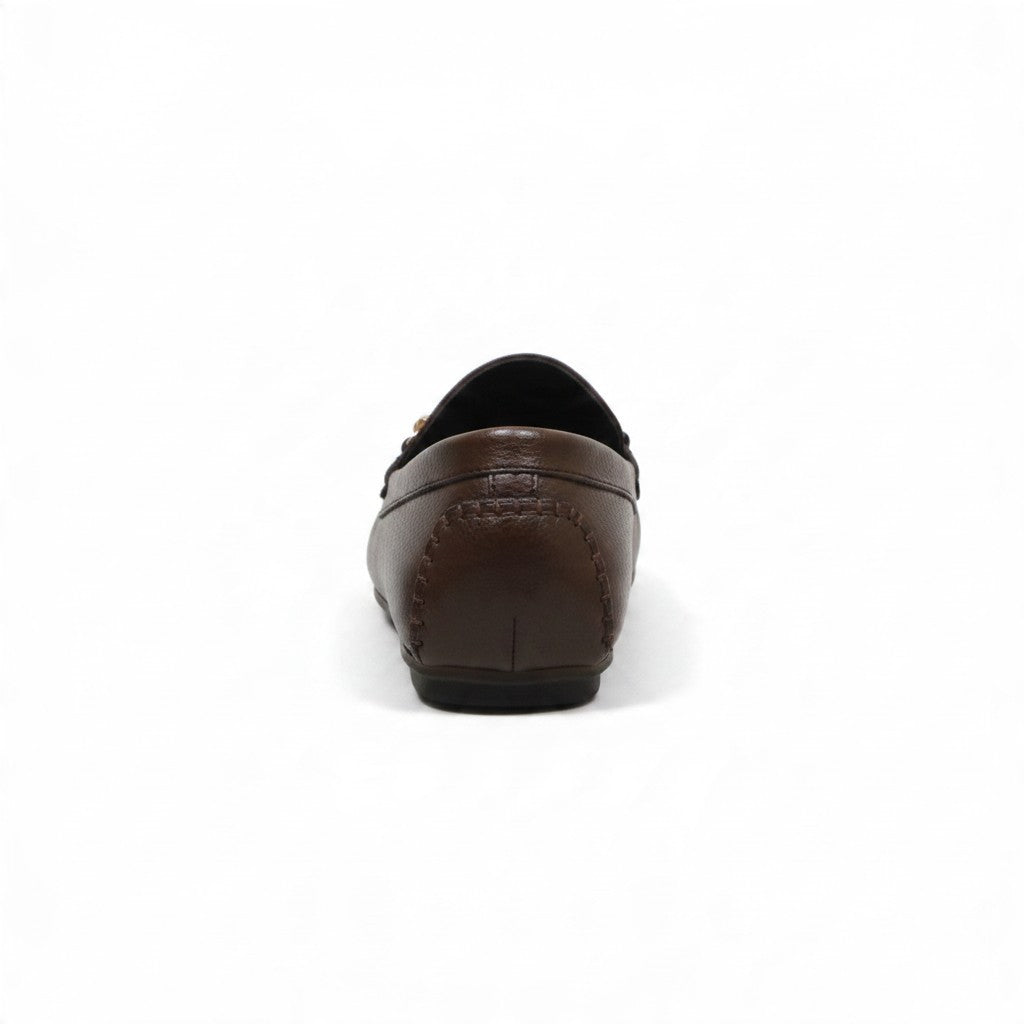 ARQS.PK brown leather loafer dress shoe, back view showing textured finish and stitched heel detail.