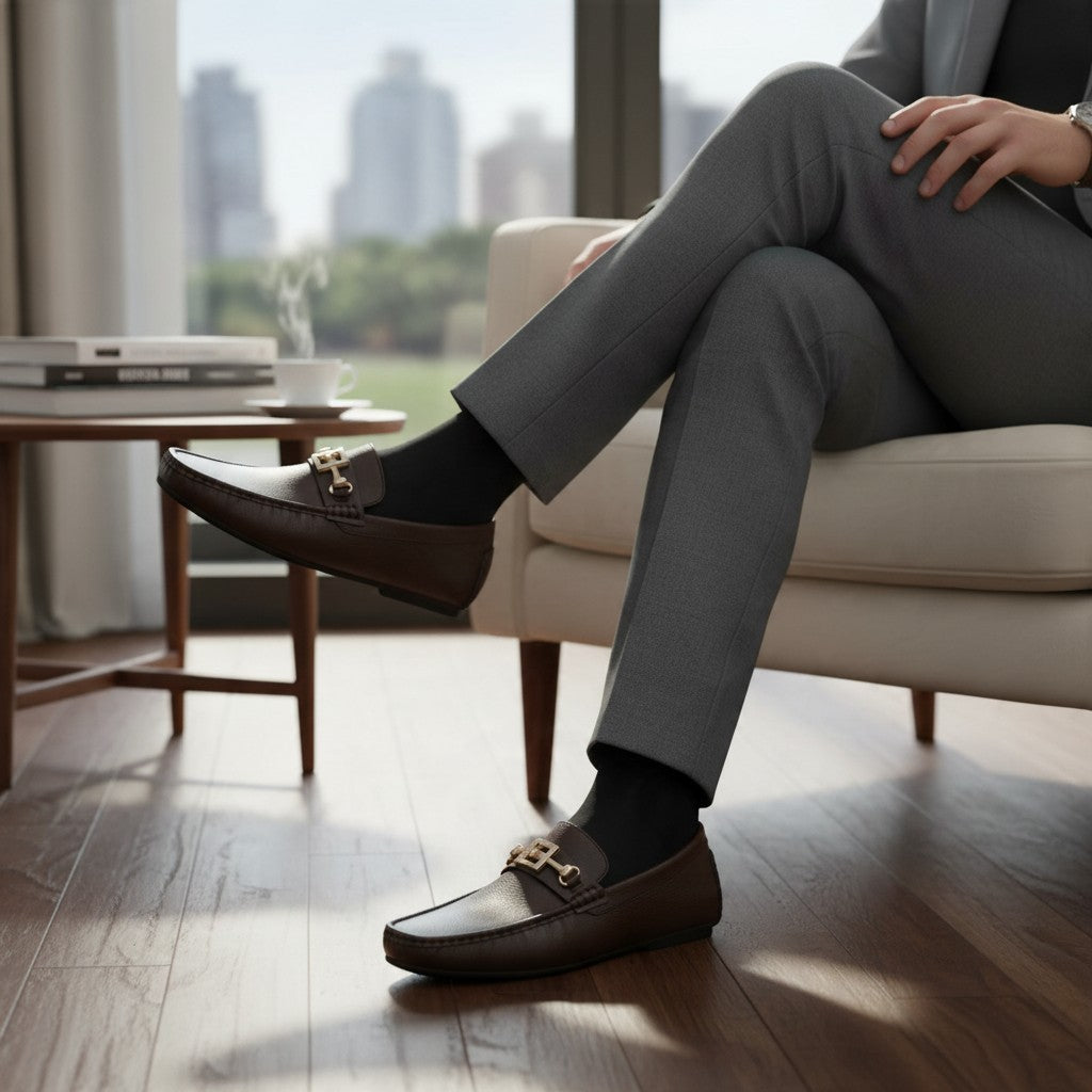 ARQS.PK brown leather loafers with gold-tone hardware worn by a man in grey trousers sitting in a modern office