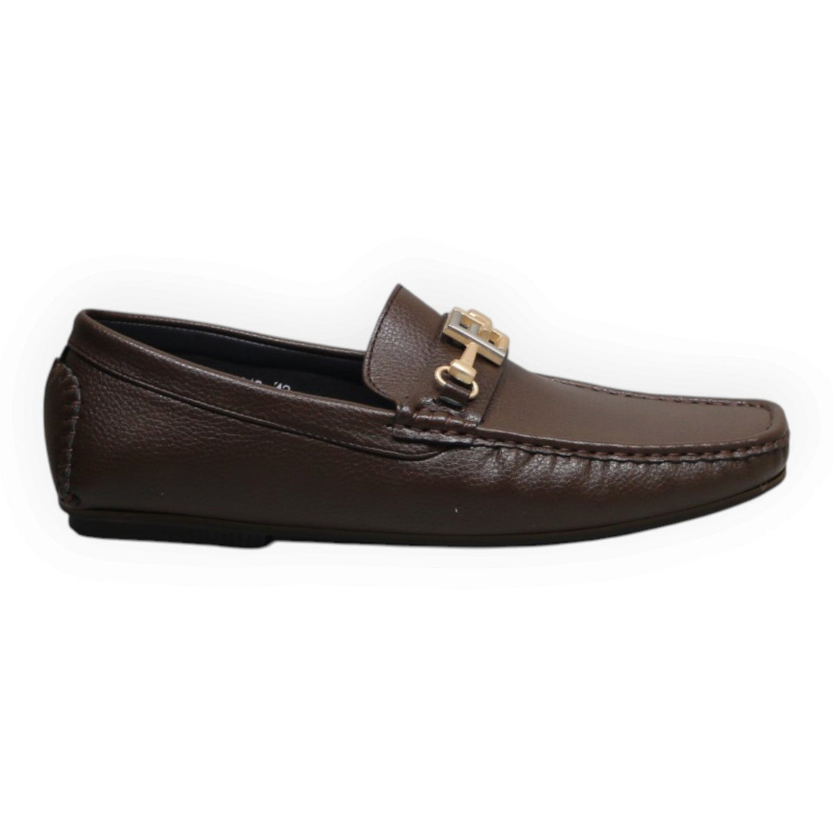 ARQS.PK dark brown leather loafers with gold-tone hardware detail and moccasin stitching in a side profile view.