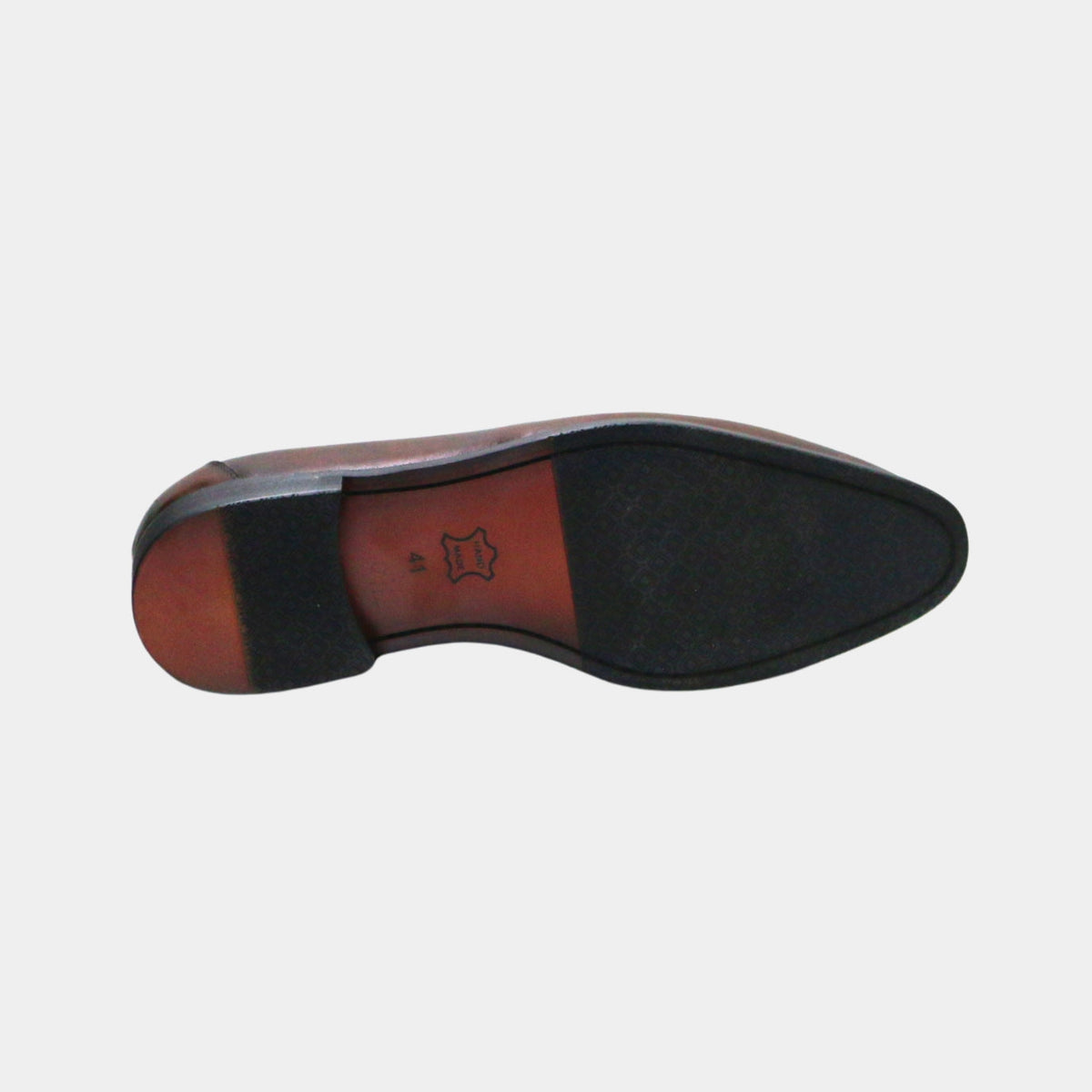 ARQS.PK brown leather penny loafer dress shoe showing the durable textured rubber and leather sole bottom view