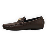 ARQS.PK brown leather loafer with gold-tone hardware detail and moccasin stitching, side view.