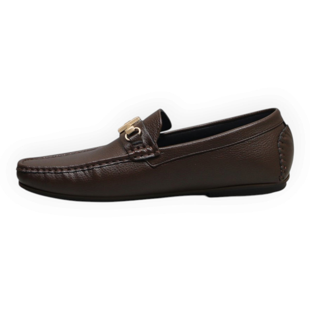 ARQS.PK brown leather loafer with gold-tone hardware detail and moccasin stitching, side view.