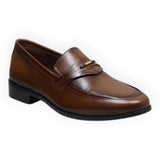 ARQS.PK brown leather slip-on loafer shoes with a sleek silhouette and metallic strap detail on the vamp.