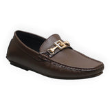 ARQS.PK brown leather loafer slip-on dress shoe with gold-tone metallic hardware detail on the vamp