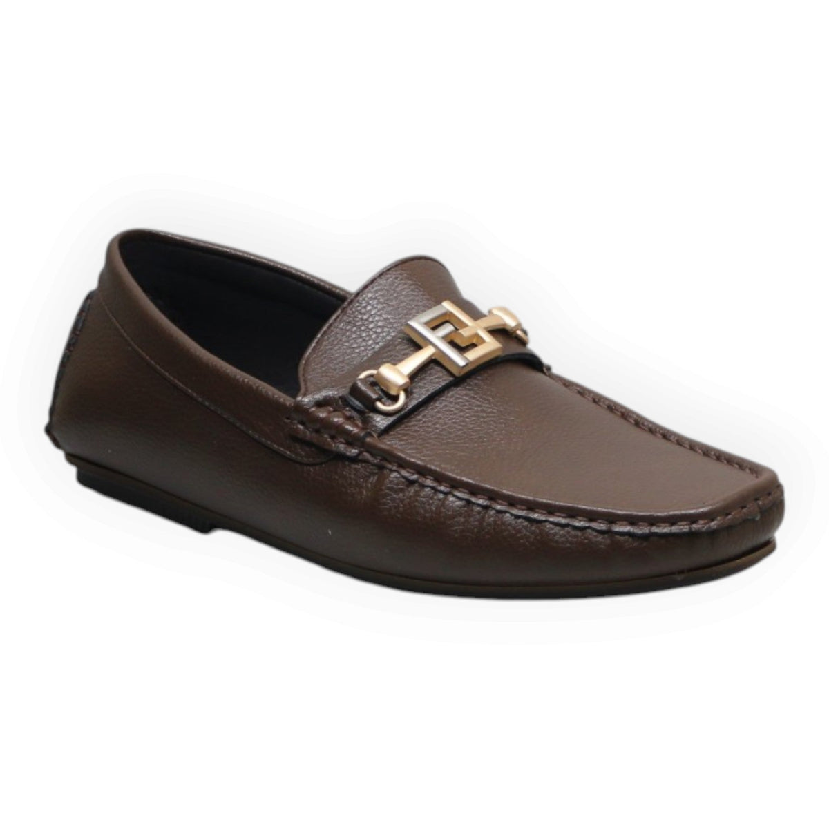 ARQS.PK brown leather loafer slip-on dress shoe with gold-tone metallic hardware detail on the vamp