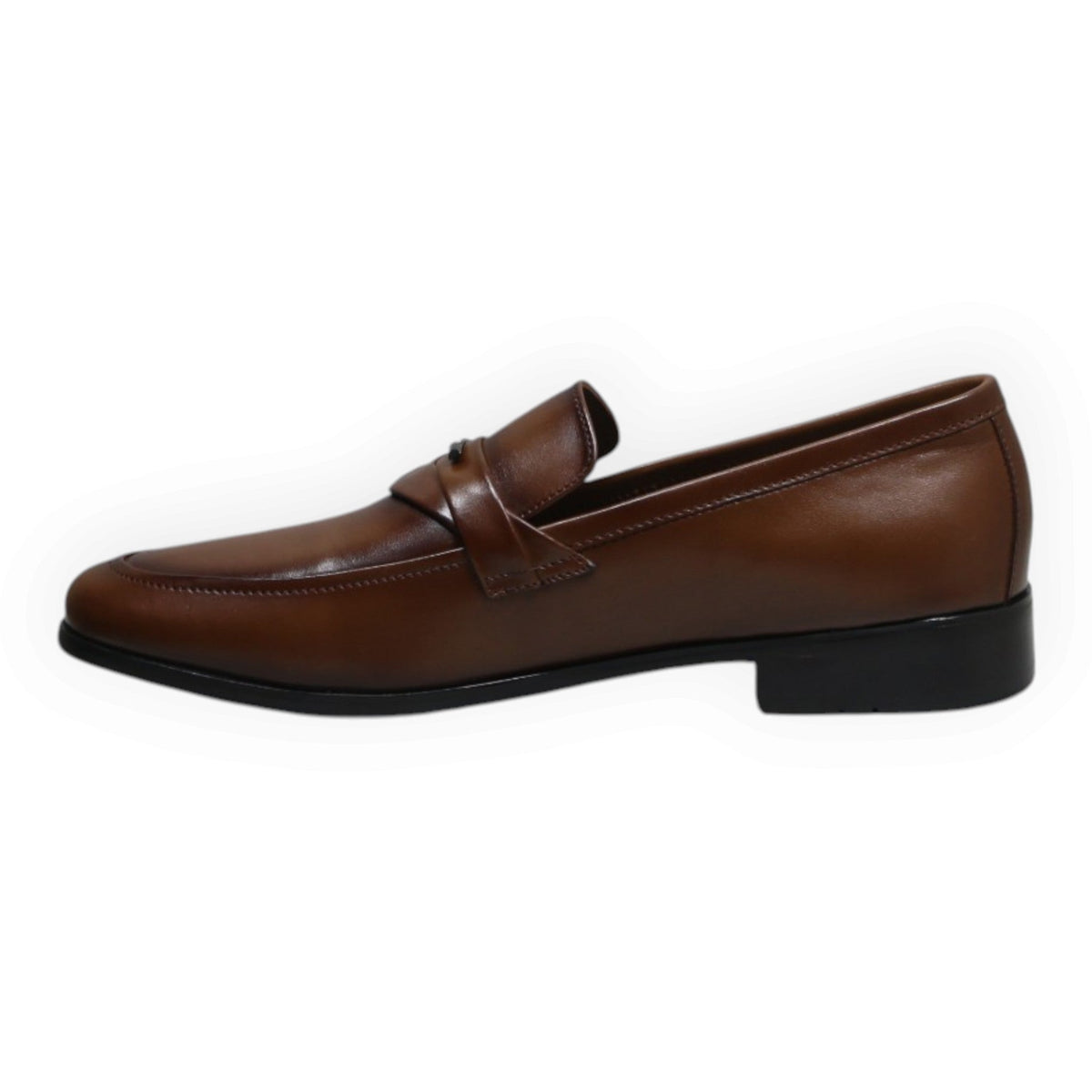 ARQS.PK brown leather slip-on loafers for men with a sleek silhouette and metallic strap detail on the vamp.