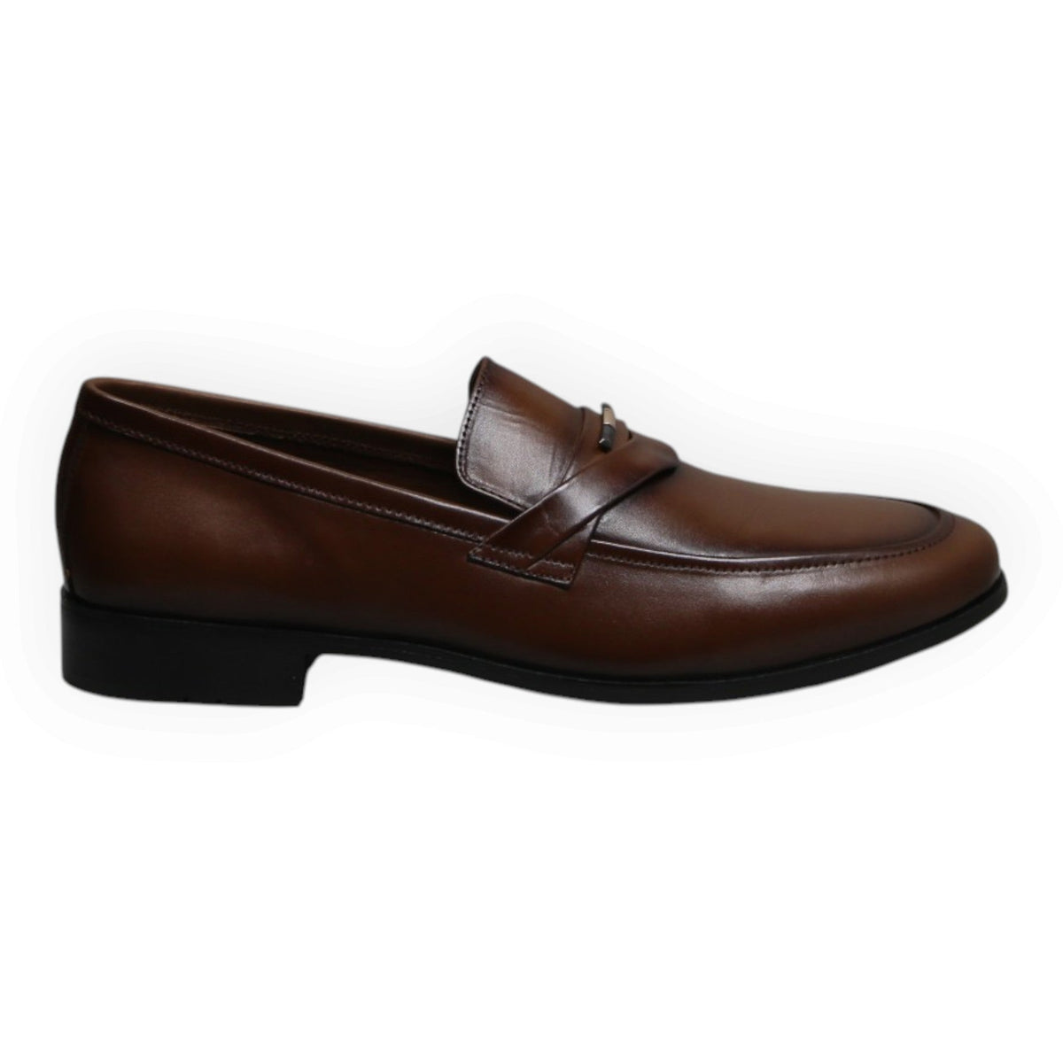 ARQS.PK brown leather slip-on loafers for men featuring a sleek silhouette and metallic strap detail on the vamp