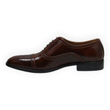 ARQS.PK 873N dark brown leather oxford dress shoe with decorative brogue detailing and a cap toe design.