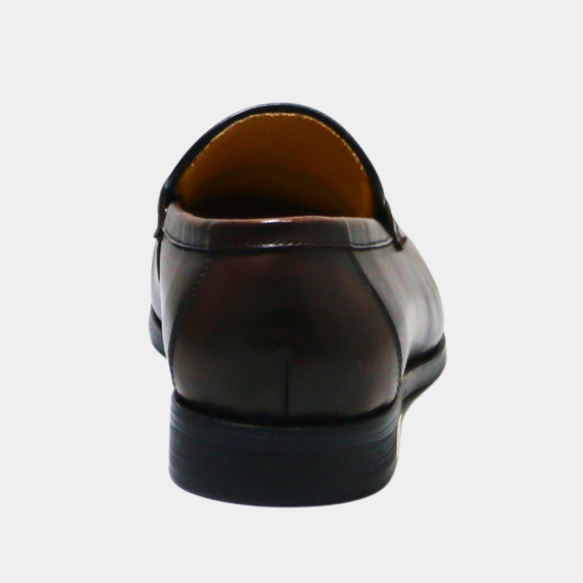 ARQS.PK brown leather penny loafer dress shoe viewed from the back showing the heel and smooth leather construction.