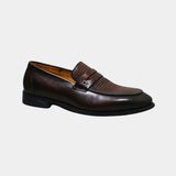 ARQS.PK brown leather penny loafer dress shoe with a textured woven-effect vamp panel and metallic strap detail.