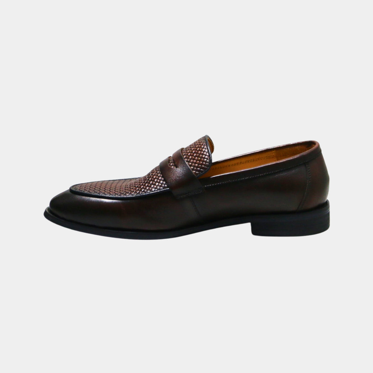 ARQS.PK brown leather penny loafer with a woven-effect vamp panel and metallic strap detail in a side profile view.