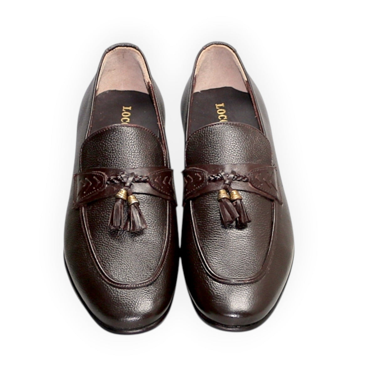 ARQS.PK men's brown leather formal slip-on shoes featuring a round toe, tassel detailing, and a rubber outsole.