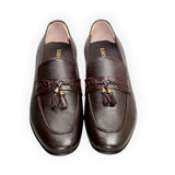 ARQS.PK men's brown leather formal slip-on shoes featuring a round toe, tassel detailing, and a rubber outsole.