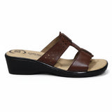ARQS.PK brown leather wedge slide sandals with laser-cut strap detailing and a cushioned beige footbed.