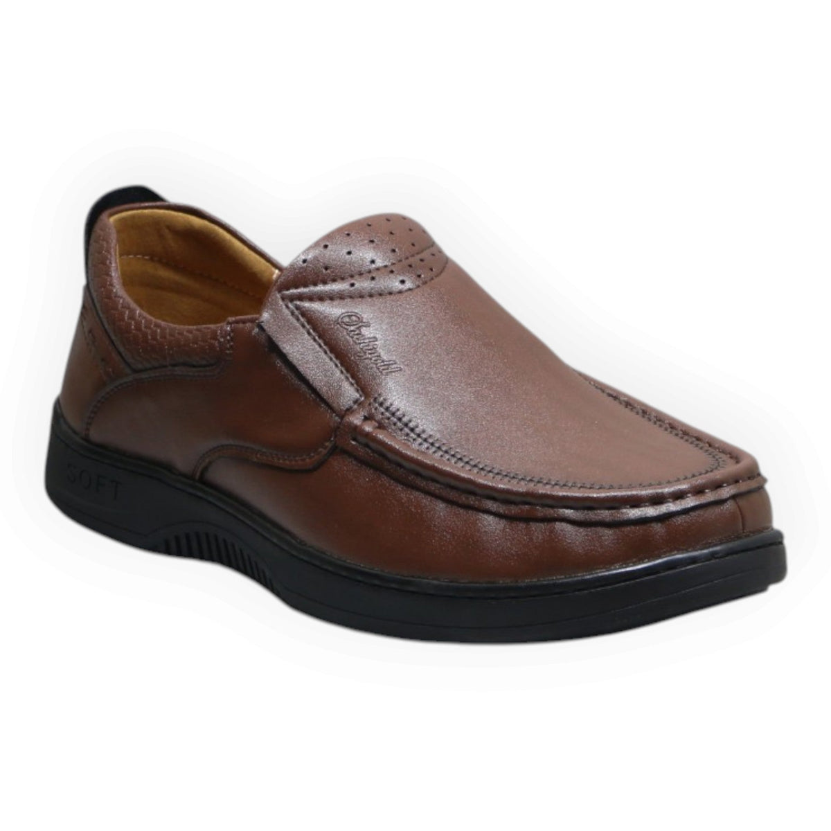 ARQS.PK brown synthetic leather slip-on loafer with moc-toe stitching and cushioned black sole