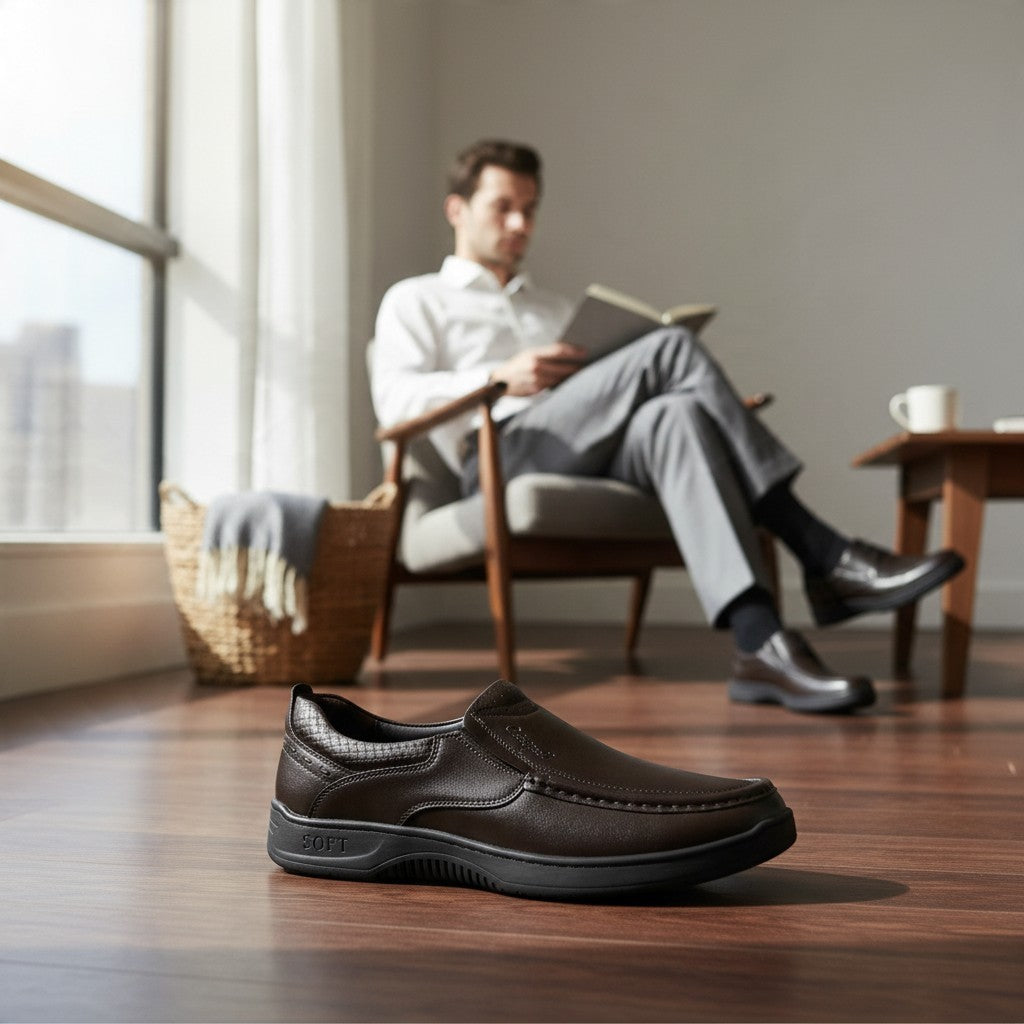 ARQS.PK brown synthetic leather slip-on loafers with moc-toe stitching and cushioned SOFT comfort sole