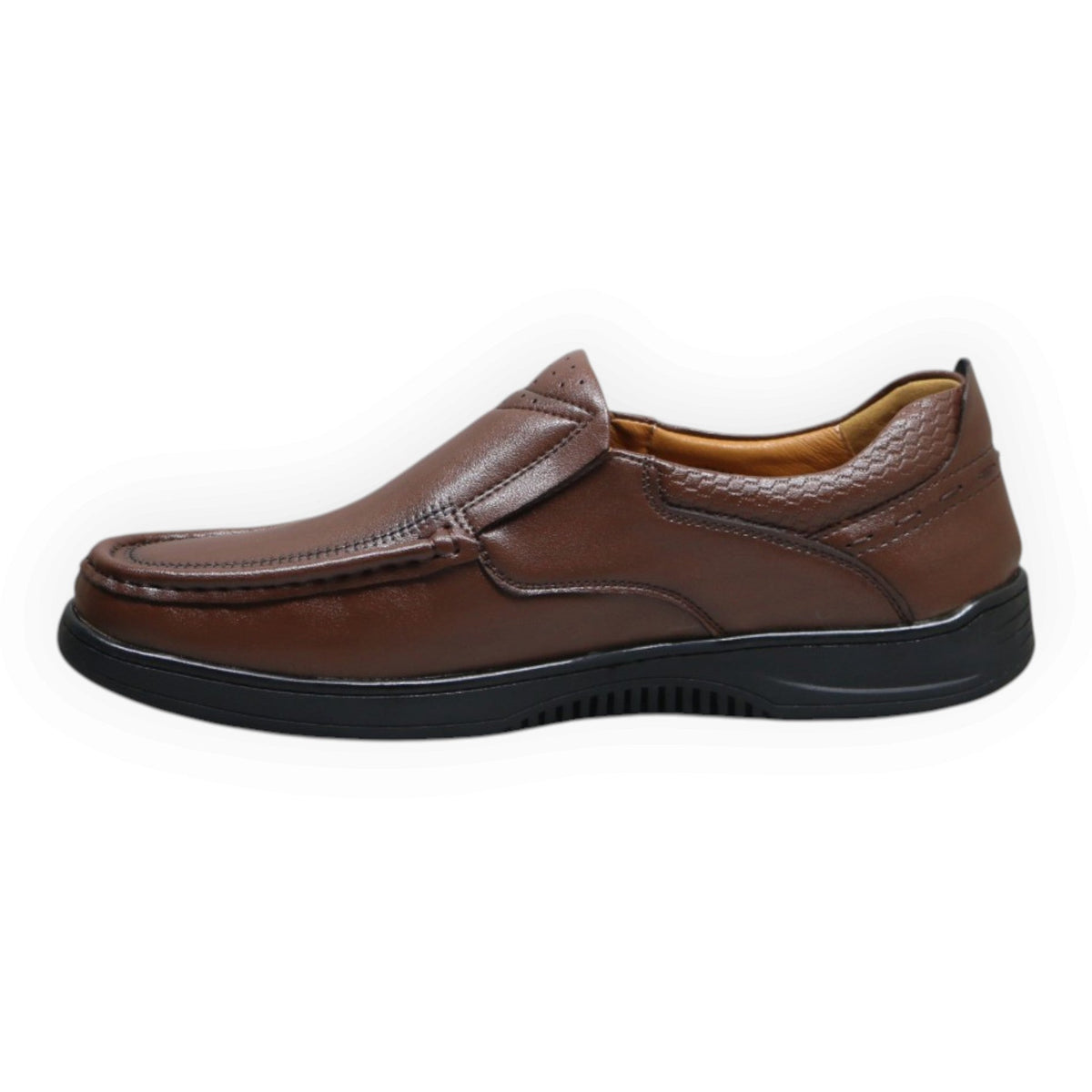 ARQS.PK brown synthetic leather slip-on loafers with moc-toe stitching and a durable black comfort outsole.