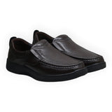 ARQS.PK brown synthetic leather slip-on loafers with moc-toe stitching and cushioned soles for men