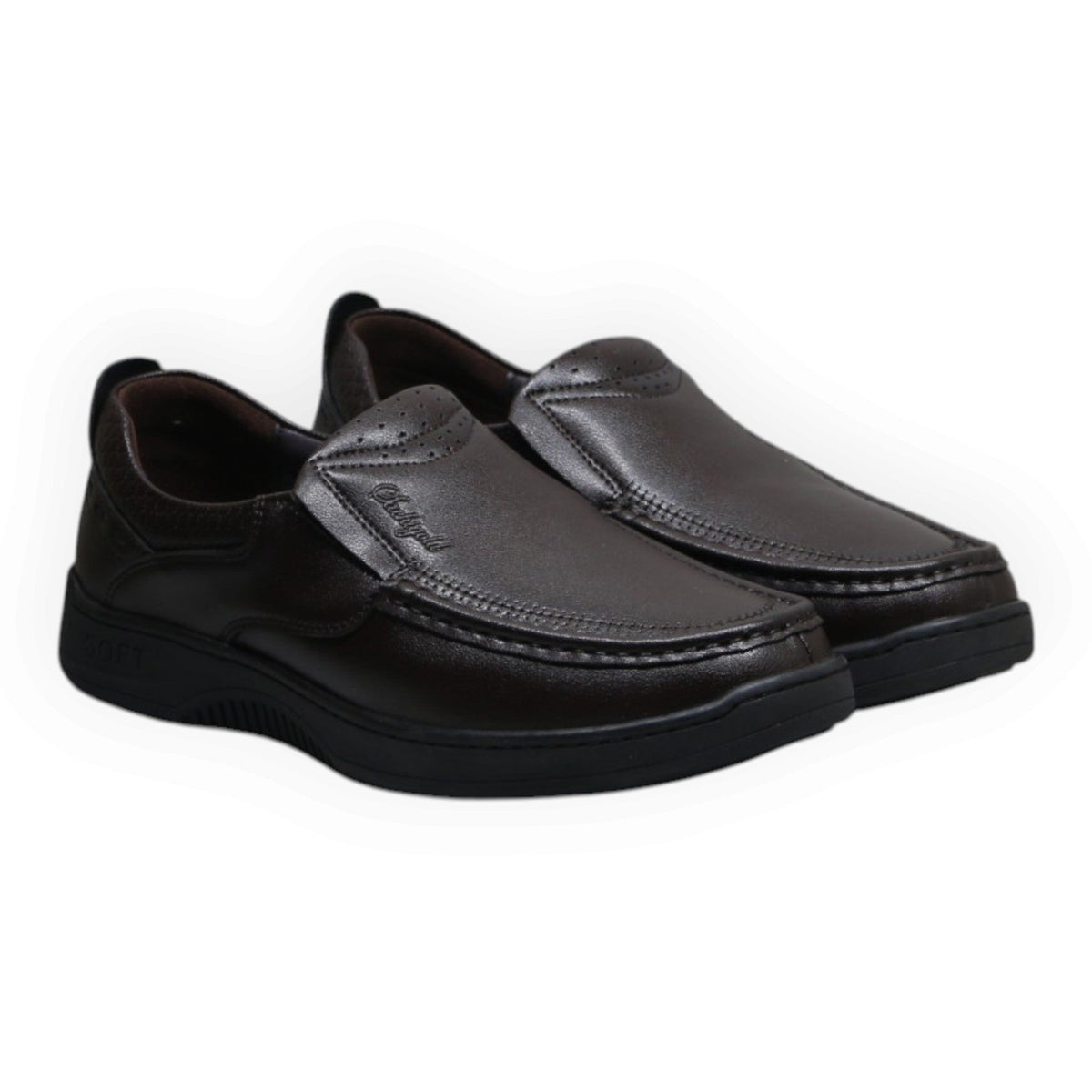 ARQS.PK brown synthetic leather slip-on loafers with moc-toe stitching and cushioned soles for men