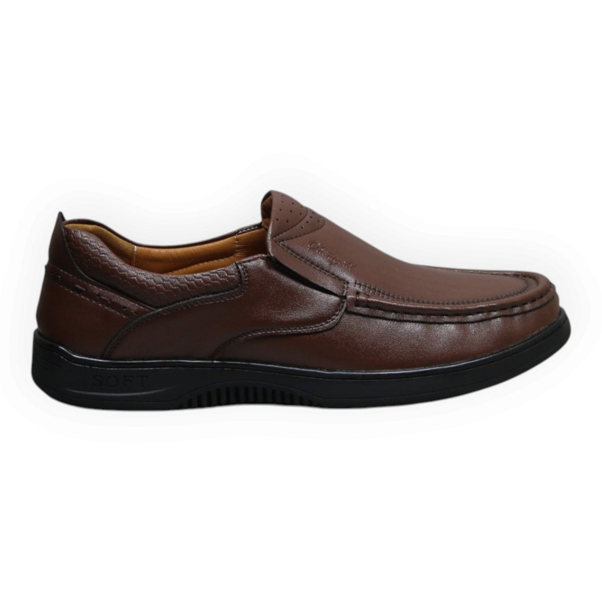 ARQS.PK brown synthetic leather slip-on loafers with moc-toe stitching and a cushioned black SOFT comfort outsole.