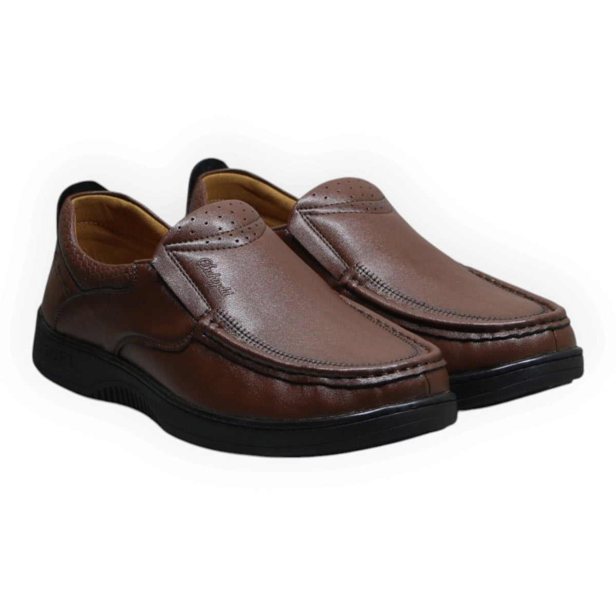 ARQS.PK brown synthetic leather slip-on loafers with moc-toe stitching and cushioned black outsoles