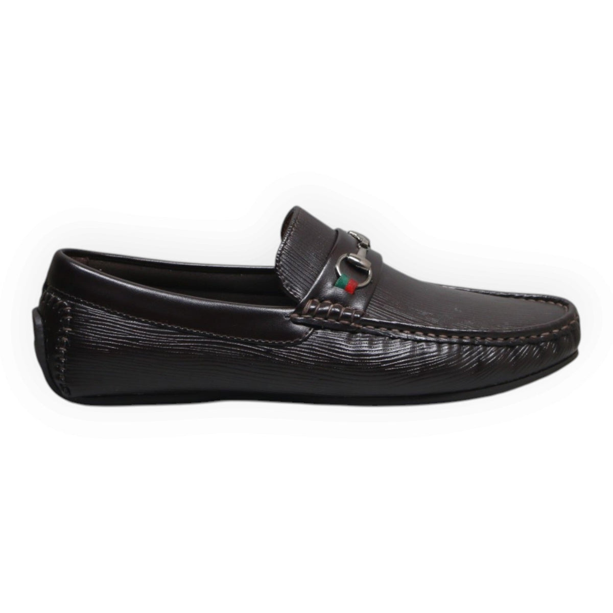 ARQS.PK brown textured leather loafer with a metal horsebit detail featuring a red and green stripe accent
