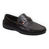 ARQS.PK brown textured leather loafers featuring a classic metal horsebit detail with a red and green stripe accent.