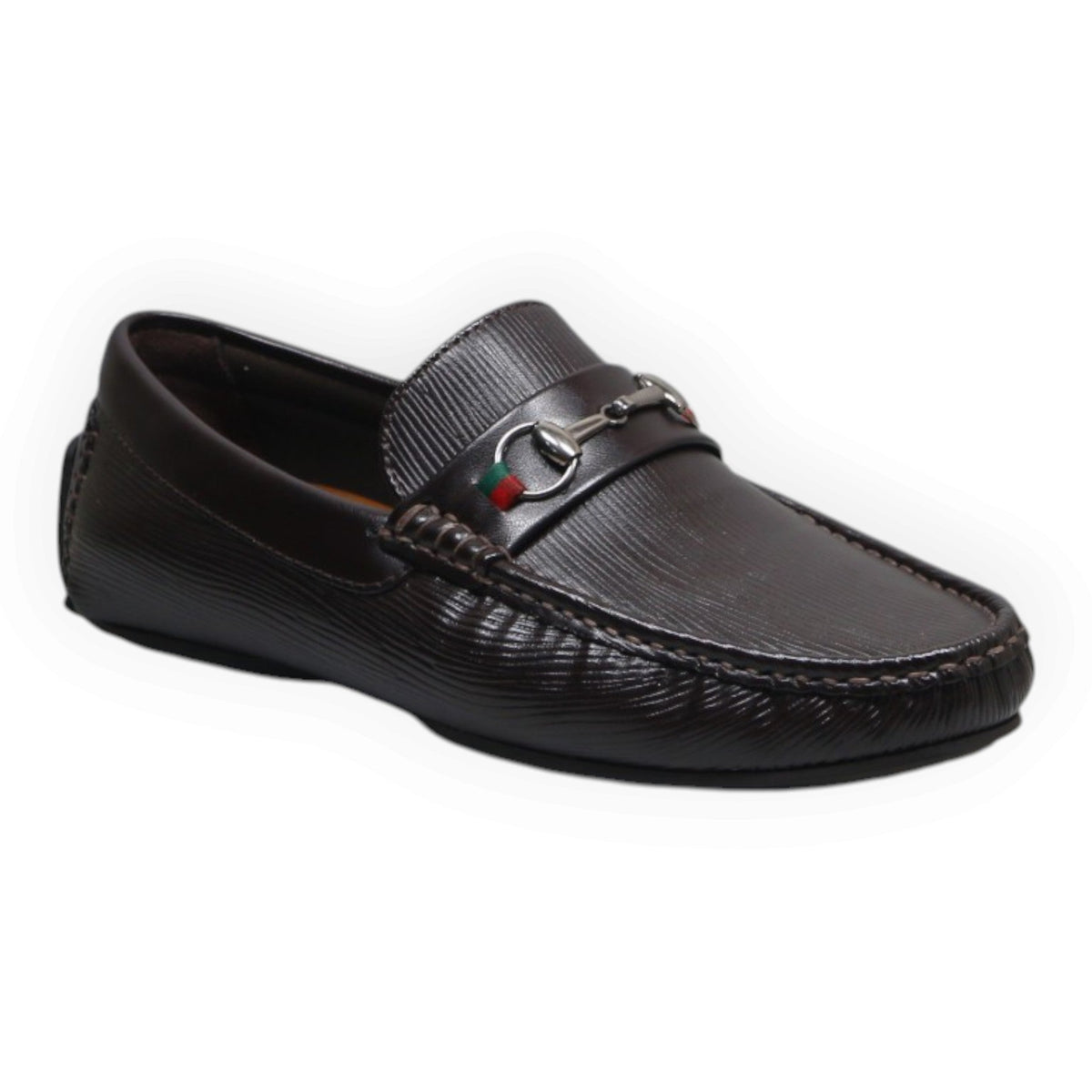 ARQS.PK brown textured leather loafers featuring a classic metal horsebit detail with a red and green stripe accent.