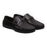ARQS.PK brown textured leather loafers featuring a classic metal horsebit with red and green stripe detailing.