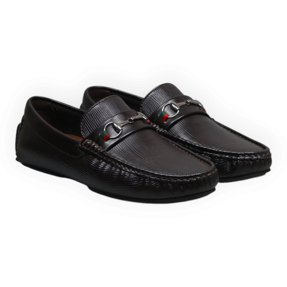 ARQS.PK brown textured leather loafers featuring a classic metal horsebit with red and green stripe detailing.