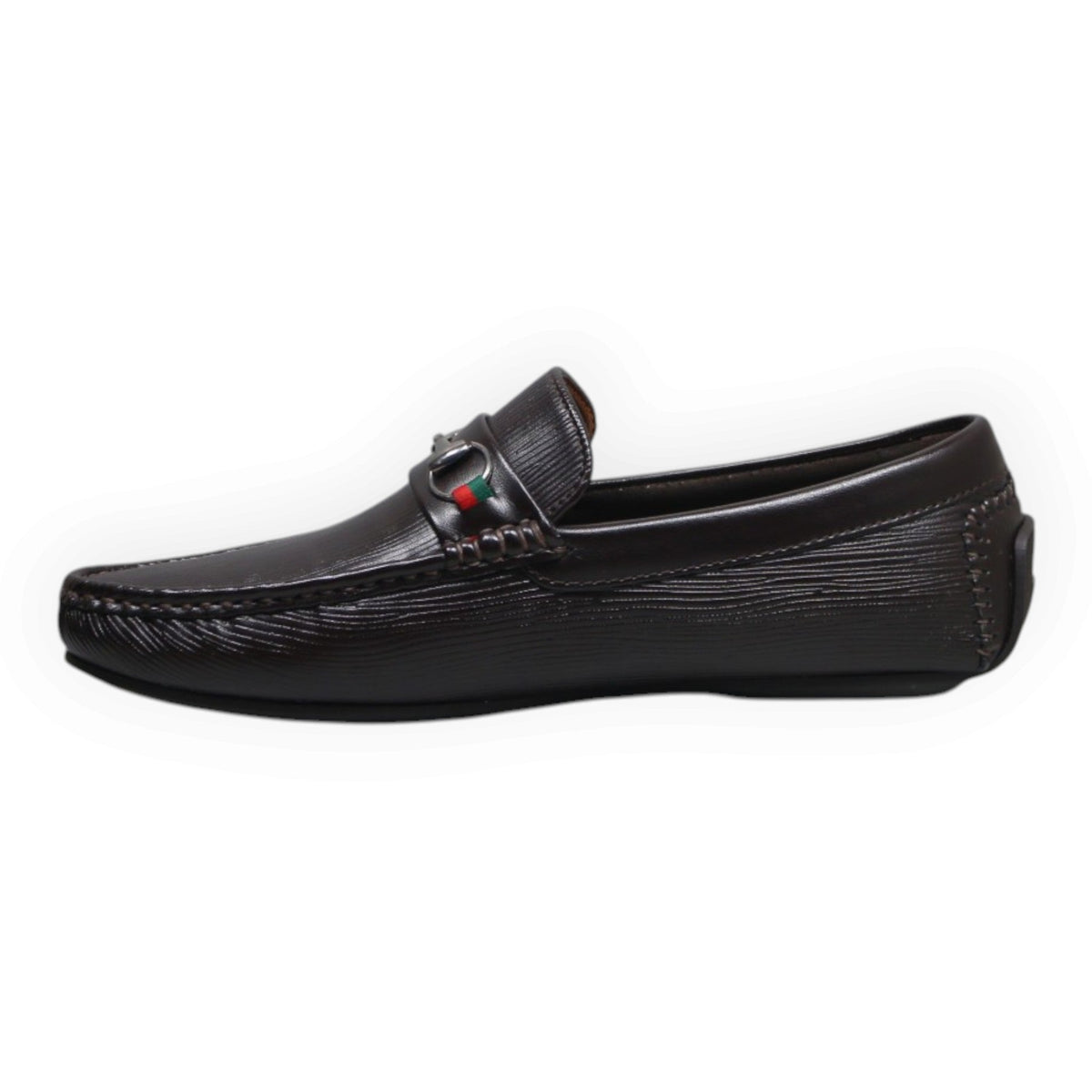 ARQS.PK brown textured slip-on loafers for men featuring a classic metal horsebit with red and green stripe detail.